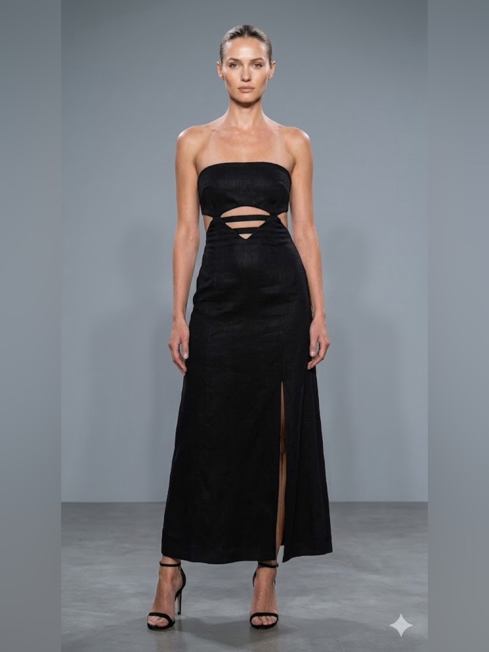 NWT Sovere Studio Horizon Strapless Cut-Out Midi Dress in Noir Size L Side Slit